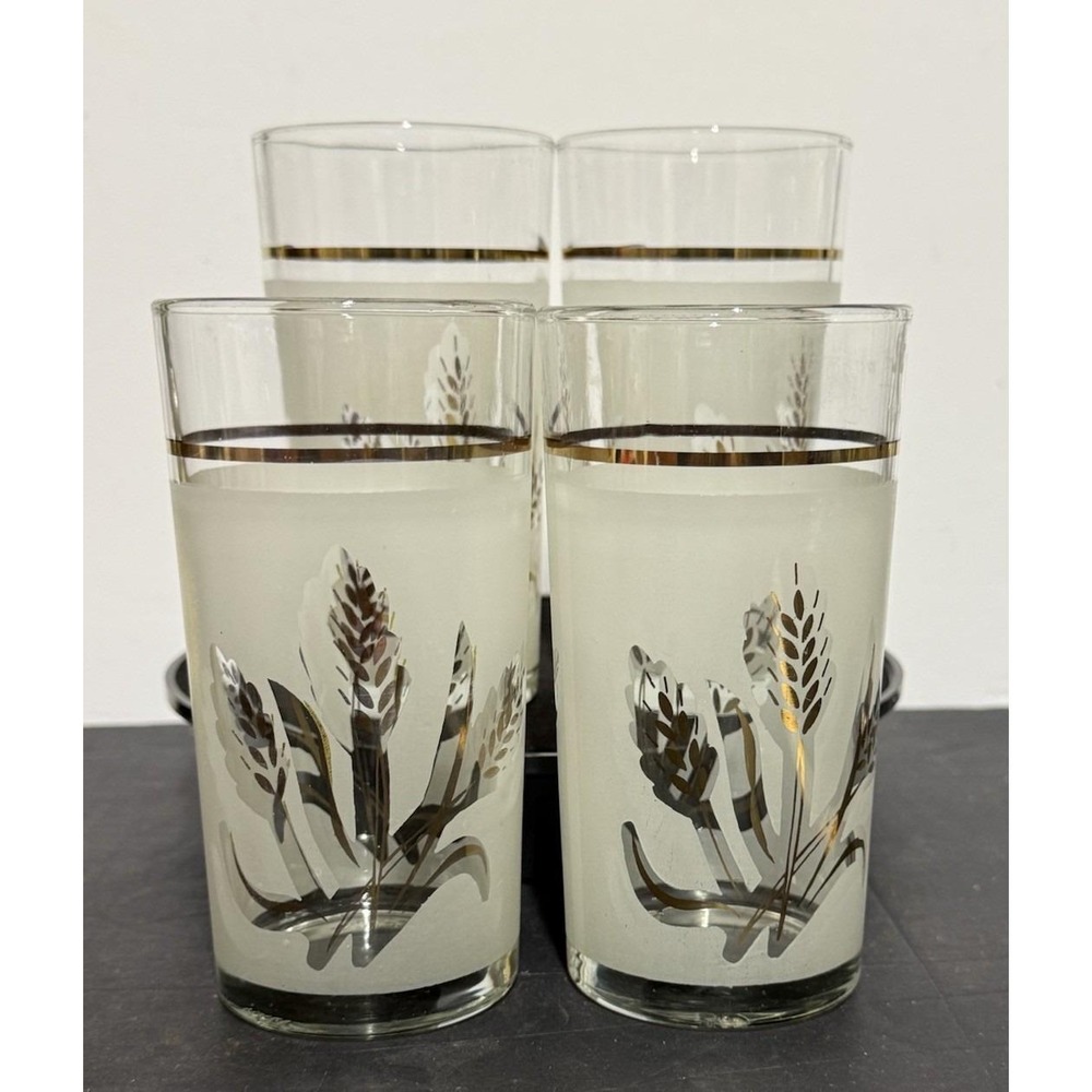 VTG Italian Frosted Tumblers Gold  Wheat 5.5" Set of 4
